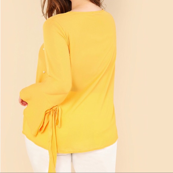 Plus Size Yellow Blouse With Pearls - Picture 6 of 7